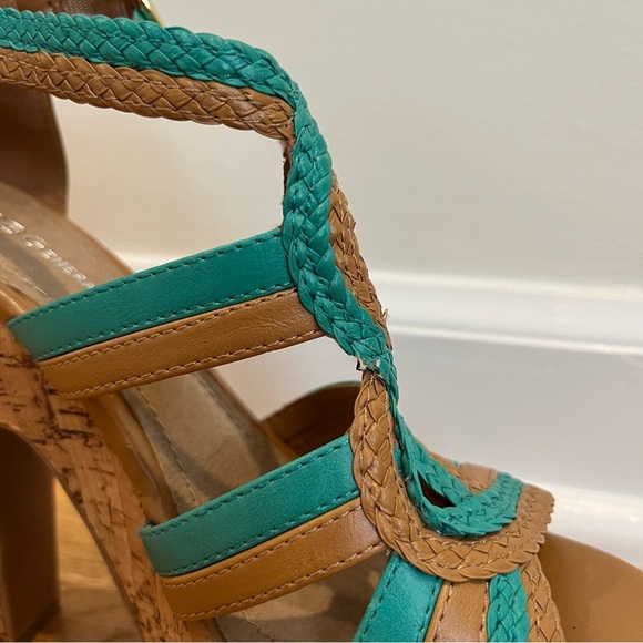 BCBGeneration Sanford Teal & Cognac Cork Platform Open Toe Sandals Size 6.5B - Picture 13 of 16
